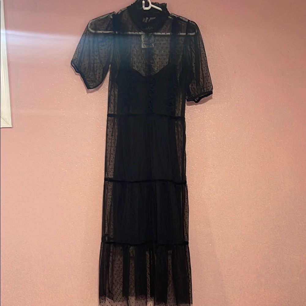 Black Tiered Ruffled Mock Neck Sheath Dress